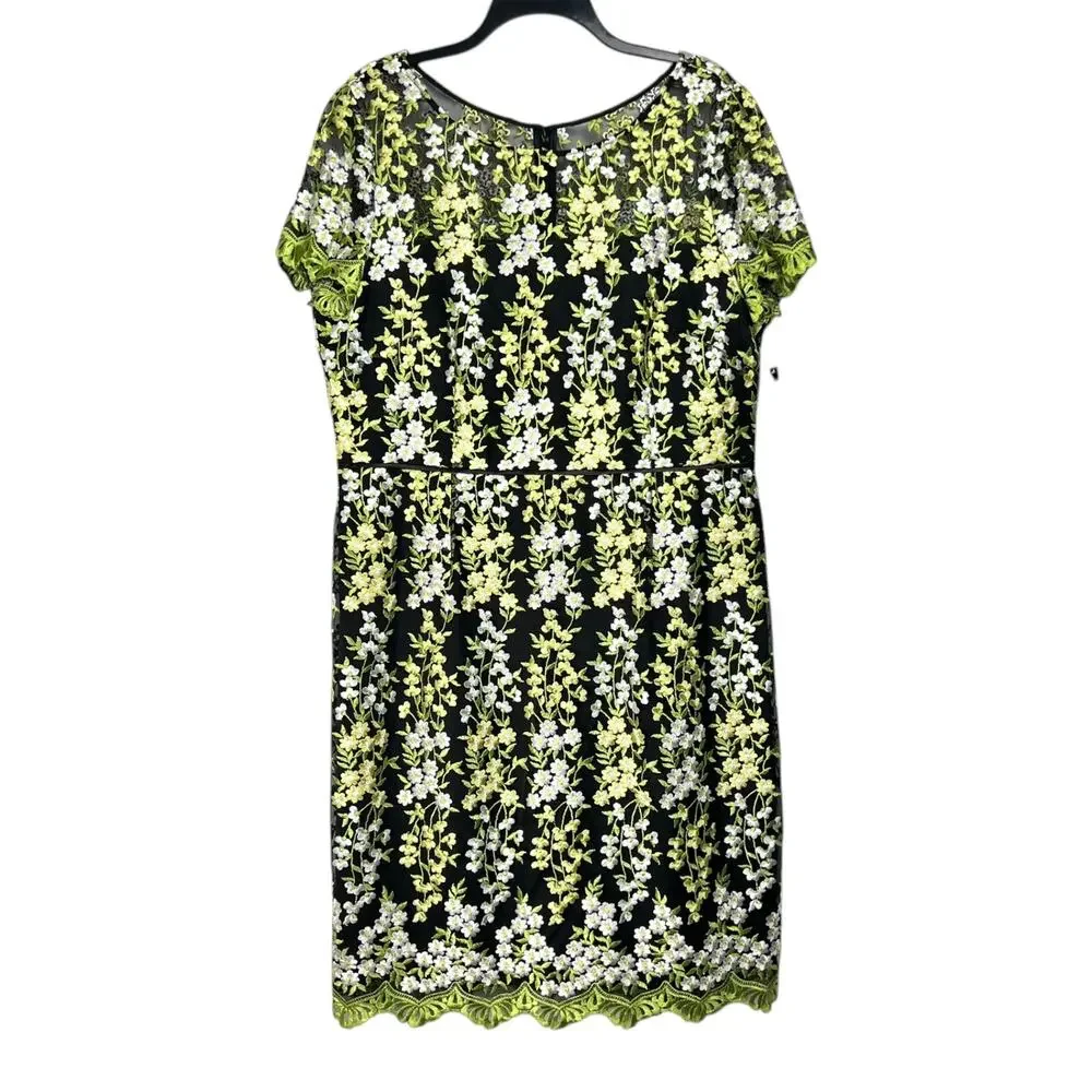 NWT Tahari ASL Women's Size 16 Black Colorful Embroidered Sheath Dress
